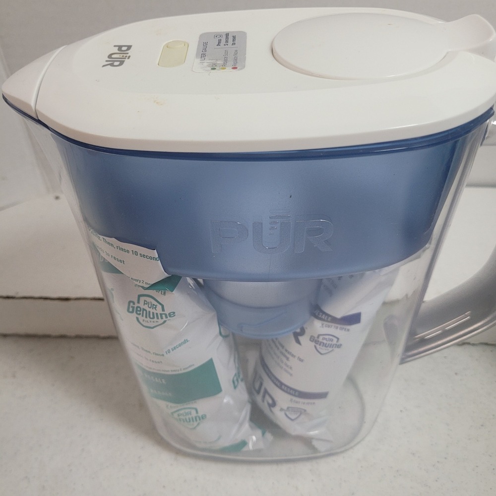 PUR Water Filtration Pitcher with 2 Genuine Replacement Filters Blue White